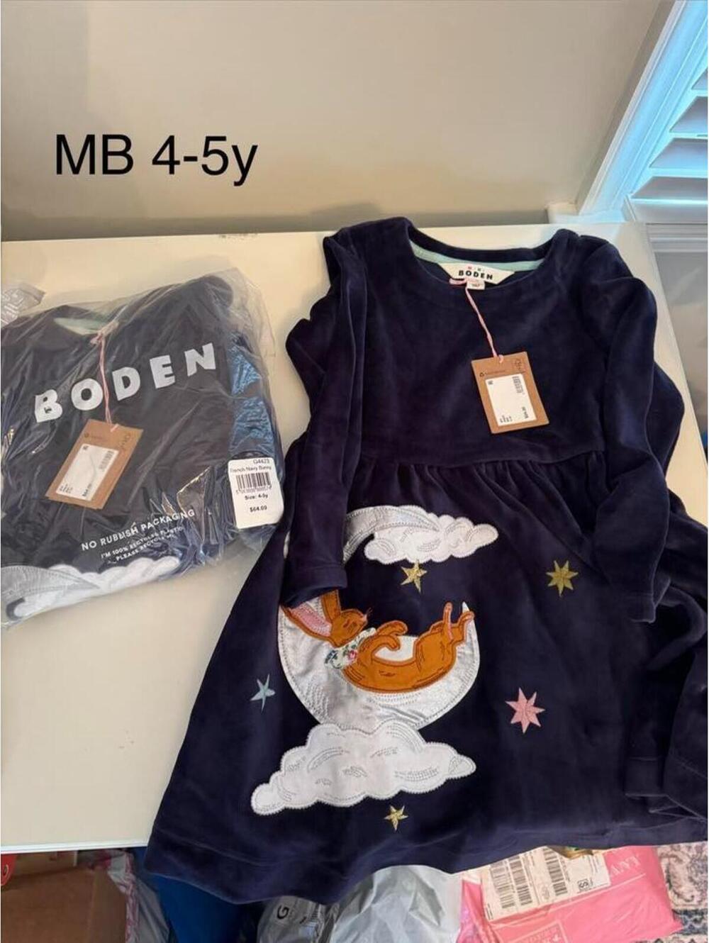 Mini Boden 4-5y Bunny Moon Clouds Velour Dress NWT